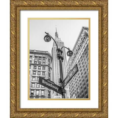 Street lamp and street signs with Empire State building in background - New York Gold Ornate Wood Framed Art Print with Double Matting by Frank, Assaf
