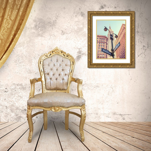 Street lamp and street signs with Empire State building in background - New York Gold Ornate Wood Framed Art Print with Double Matting by Frank, Assaf