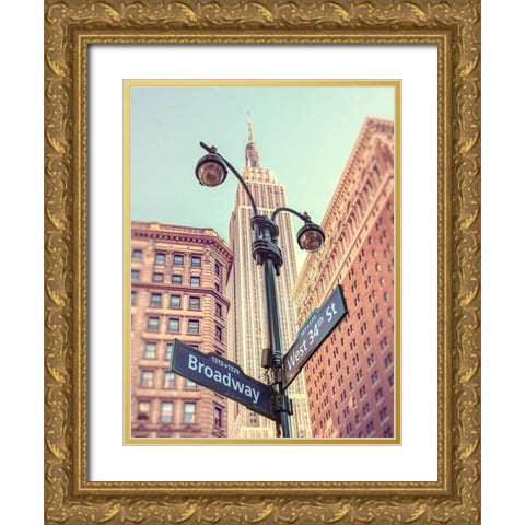Street lamp and street signs with Empire State building in background - New York Gold Ornate Wood Framed Art Print with Double Matting by Frank, Assaf