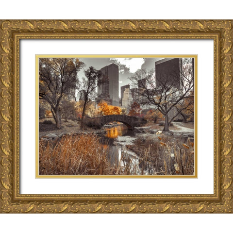 Gapstow Bridge in autumn, Central Park, New York city, FTBR-1801 Gold Ornate Wood Framed Art Print with Double Matting by Frank, Assaf