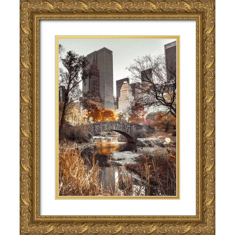 Gapstow bridge in autumn, Central Park, New York city, FTBR-1802 Gold Ornate Wood Framed Art Print with Double Matting by Frank, Assaf