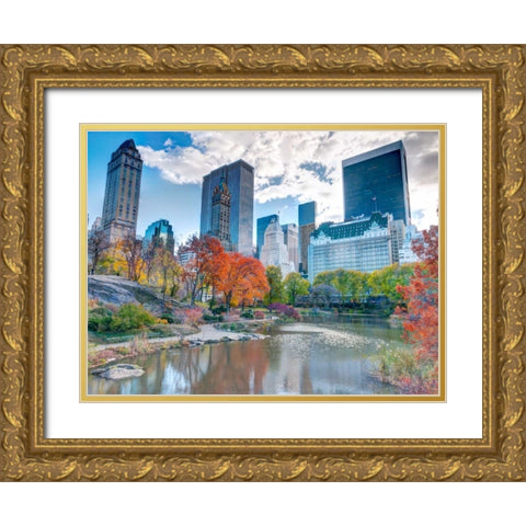 Pond at Central Park with Manhattan skyline, New York Gold Ornate Wood Framed Art Print with Double Matting by Frank, Assaf