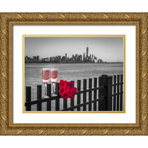 Glasses of Champagne with bunch of roses on railing against Lower Manhattan skylne, New York Gold Ornate Wood Framed Art Print with Double Matting by Frank, Assaf