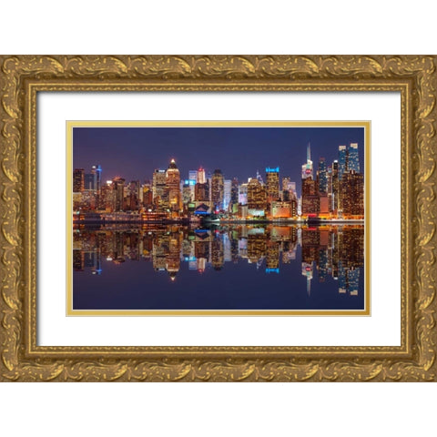 Illuminated Manhattan skyline at twilight - New York City Gold Ornate Wood Framed Art Print with Double Matting by Frank, Assaf
