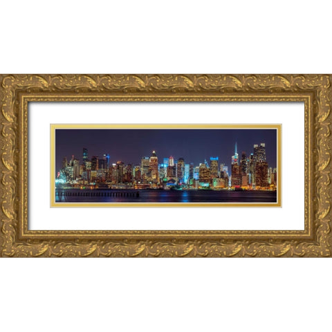 Illuminated Manhattan skyline at twilight - New York City Gold Ornate Wood Framed Art Print with Double Matting by Frank, Assaf