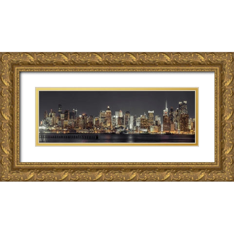 Illuminated Manhattan skyline at twilight - New York City Gold Ornate Wood Framed Art Print with Double Matting by Frank, Assaf