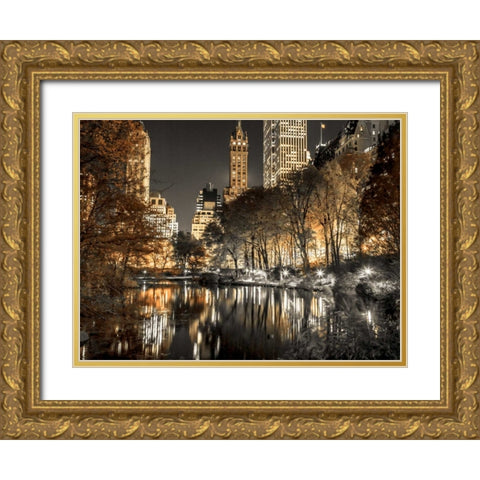 Evening view of Central Park in New York City, FTBR-1803 Gold Ornate Wood Framed Art Print with Double Matting by Frank, Assaf