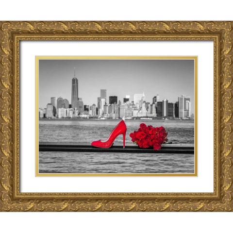 High heel shoe with bunch of roses against Lower manhattan skyline, New York Gold Ornate Wood Framed Art Print with Double Matting by Frank, Assaf