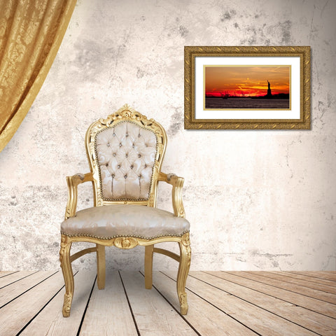 Statue of Liberty at sunset, New York Gold Ornate Wood Framed Art Print with Double Matting by Frank, Assaf