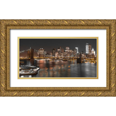 Brooklyn Bridge with Manhattan skyline, New York Gold Ornate Wood Framed Art Print with Double Matting by Frank, Assaf
