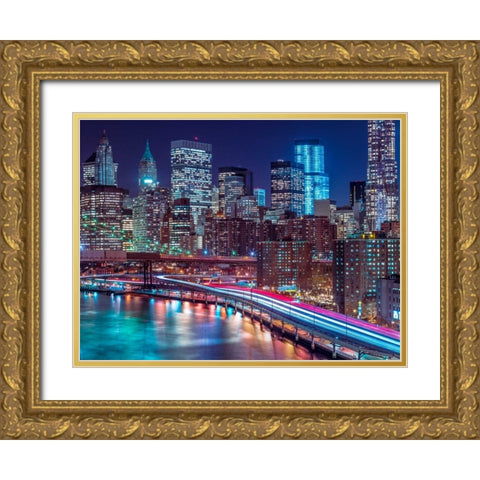 Strip lights on streets of Manhattan by east river, New York Gold Ornate Wood Framed Art Print with Double Matting by Frank, Assaf