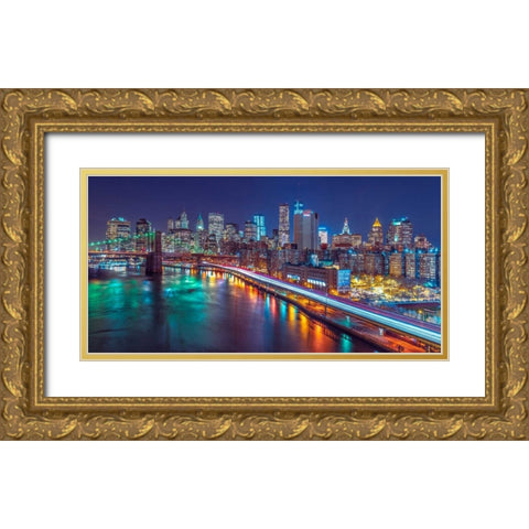Strip lights on streets of Manhattan by east river, New York Gold Ornate Wood Framed Art Print with Double Matting by Frank, Assaf