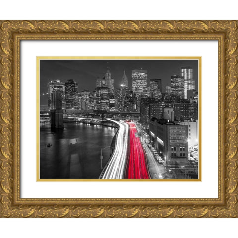 Strip lights on streets of Manhattan by east river, New York Gold Ornate Wood Framed Art Print with Double Matting by Frank, Assaf