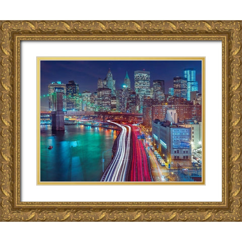Streets of Manhattan city Gold Ornate Wood Framed Art Print with Double Matting by Frank, Assaf