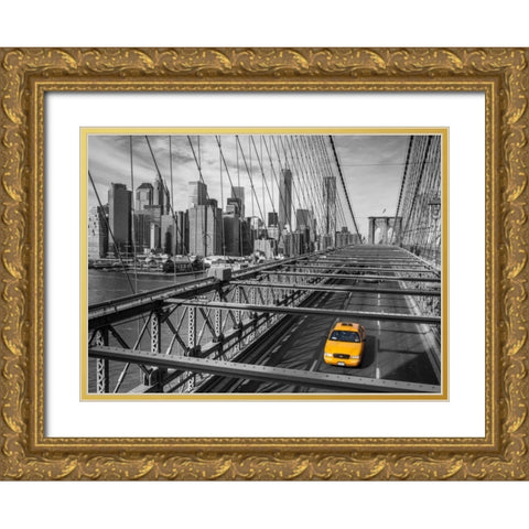 Cab on Brooklyn Bridge, Manhattan, New York Gold Ornate Wood Framed Art Print with Double Matting by Frank, Assaf