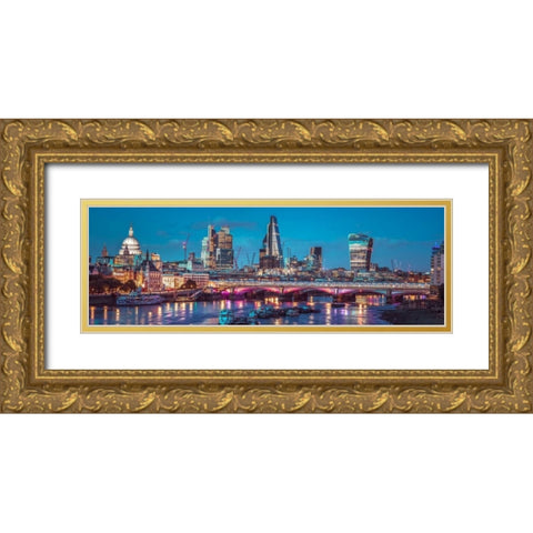 Evening view of Blackfriars Bridge over River Thames with London skyline, FTBR-1853 Gold Ornate Wood Framed Art Print with Double Matting by Frank, Assaf