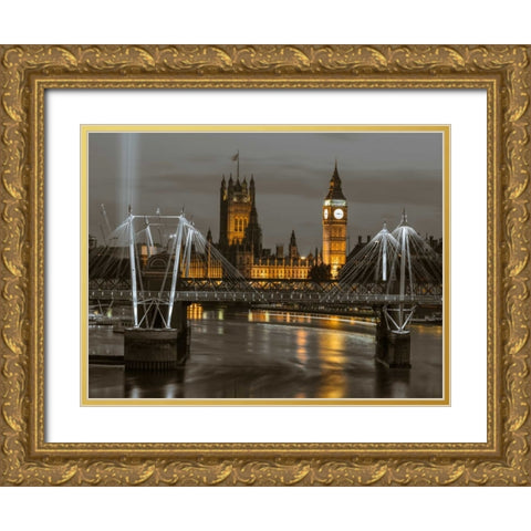 Evening view of Golden Jubilee over River Thames with Westminster Abby Gold Ornate Wood Framed Art Print with Double Matting by Frank, Assaf