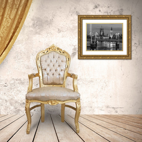 Evening view of Golden Jubilee over River Thames with Westminster Abby Gold Ornate Wood Framed Art Print with Double Matting by Frank, Assaf