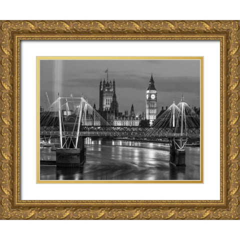 Evening view of Golden Jubilee over River Thames with Westminster Abby Gold Ornate Wood Framed Art Print with Double Matting by Frank, Assaf