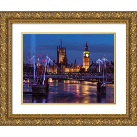 Evening view of Golden Jubilee over River Thames with Westminster Abby Gold Ornate Wood Framed Art Print with Double Matting by Frank, Assaf