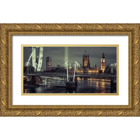 Night view of the London Eye, Golden Jubilee bridge and Westminster, London, UK Gold Ornate Wood Framed Art Print with Double Matting by Frank, Assaf