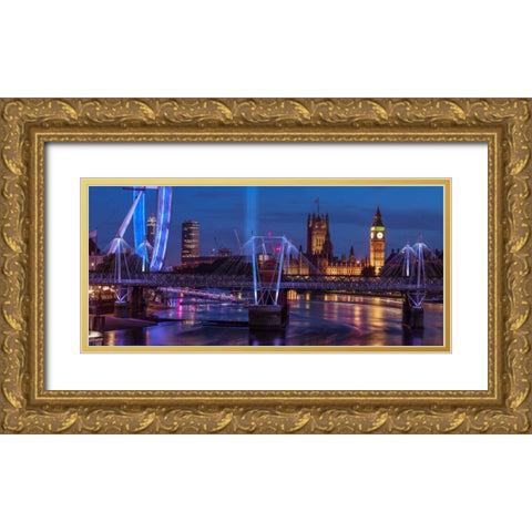 Night view of the London Eye, Golden Jubilee bridge and Westminster, London, UK Gold Ornate Wood Framed Art Print with Double Matting by Frank, Assaf