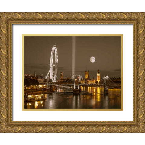 Night view of the London Eye, Golden Jubilee bridge and Westminster, London, UK Gold Ornate Wood Framed Art Print with Double Matting by Frank, Assaf