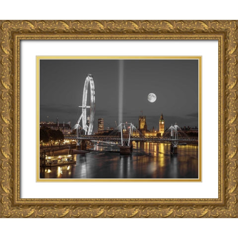 Night view of the London Eye, Golden Jubilee bridge and Westminster, London, UK Gold Ornate Wood Framed Art Print with Double Matting by Frank, Assaf