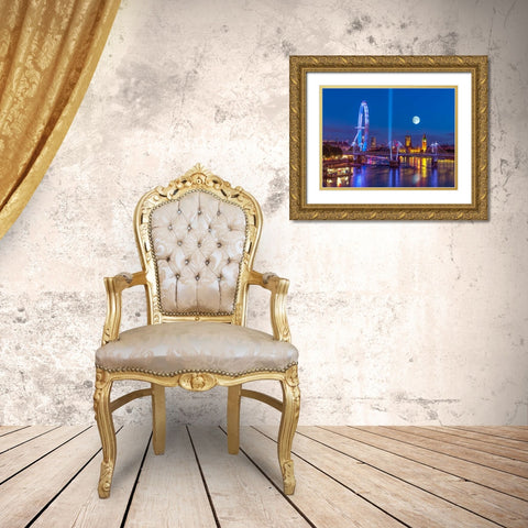 Night view of the London Eye, Golden Jubilee bridge and Westminster, London, UK Gold Ornate Wood Framed Art Print with Double Matting by Frank, Assaf