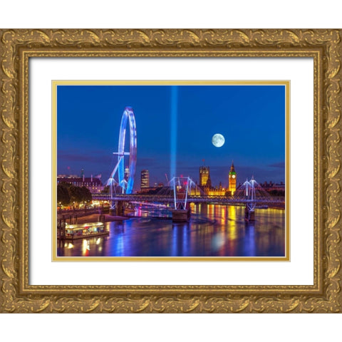 Night view of the London Eye, Golden Jubilee bridge and Westminster, London, UK Gold Ornate Wood Framed Art Print with Double Matting by Frank, Assaf