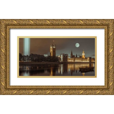 Column of spectra lights with Westminster Abby, London, UK Gold Ornate Wood Framed Art Print with Double Matting by Frank, Assaf