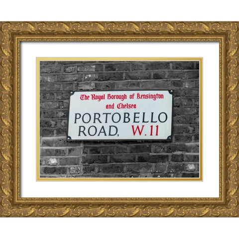 Portobello road sign board on a brick wall, London, UK Gold Ornate Wood Framed Art Print with Double Matting by Frank, Assaf