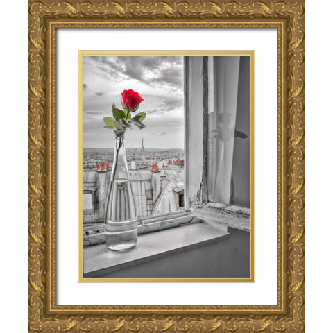 Flower vase on window with Eiffle tower in background-Paris Gold Ornate Wood Framed Art Print with Double Matting by Frank, Assaf