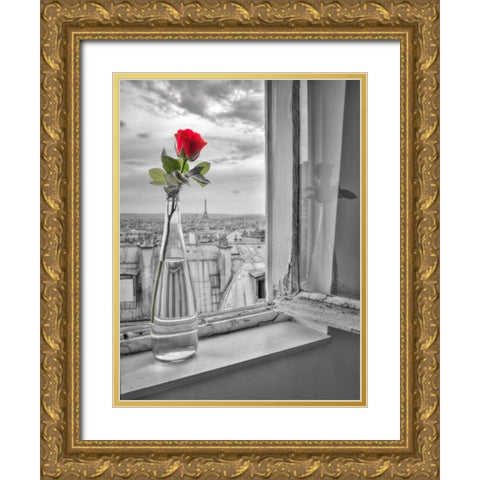 Flower vase on window with Eiffle tower in background, Paris Gold Ornate Wood Framed Art Print with Double Matting by Frank, Assaf