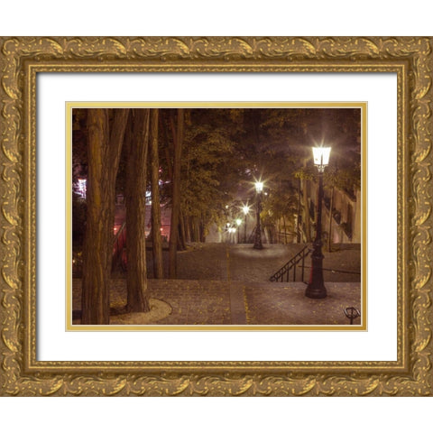 Street lights on steep stairs in city of Montmartre, Paris Gold Ornate Wood Framed Art Print with Double Matting by Frank, Assaf