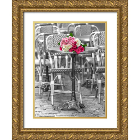Bunch of Roses on street cafe table in Paris, France Gold Ornate Wood Framed Art Print with Double Matting by Frank, Assaf