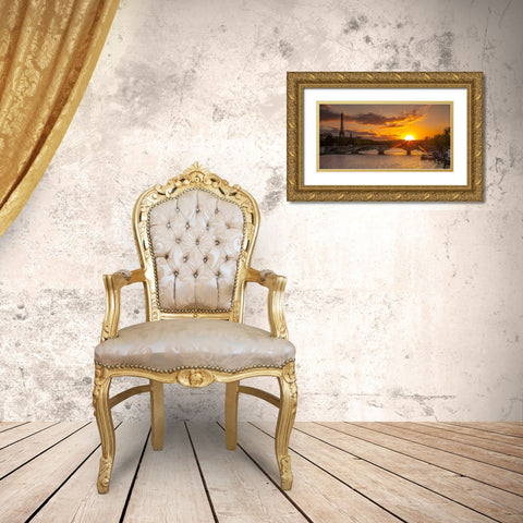 View of the Eiffel Tower with a bridge in the foreground during sunset, Paris, France Gold Ornate Wood Framed Art Print with Double Matting by Frank, Assaf