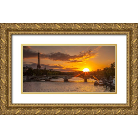 View of the Eiffel Tower with a bridge in the foreground during sunset, Paris, France Gold Ornate Wood Framed Art Print with Double Matting by Frank, Assaf