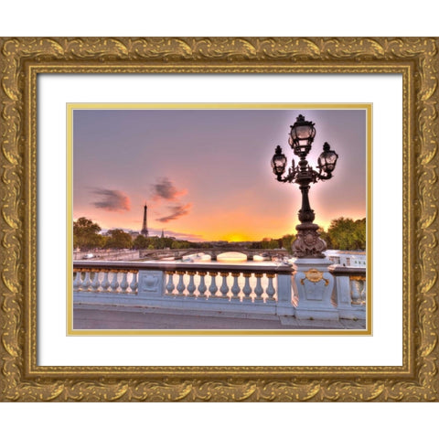 Street light on a bridge with Eiffel Tower in bakcground, Paris, France Gold Ornate Wood Framed Art Print with Double Matting by Frank, Assaf