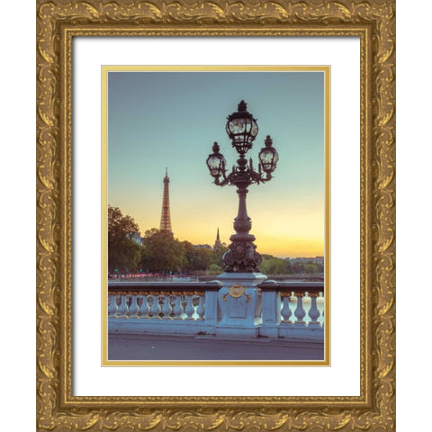 Street light on a bridge with Eiffel Tower in bakcground, Paris, France Gold Ornate Wood Framed Art Print with Double Matting by Frank, Assaf
