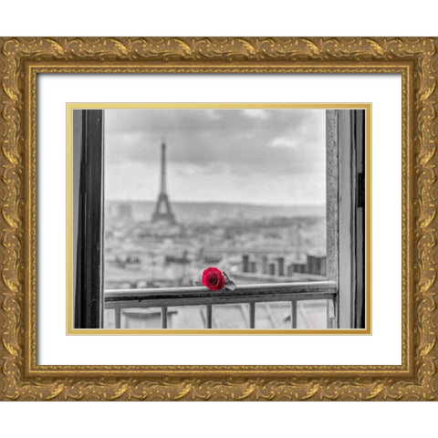Rose on balcony railing with Eiffel Tower in background, Paris, France Gold Ornate Wood Framed Art Print with Double Matting by Frank, Assaf