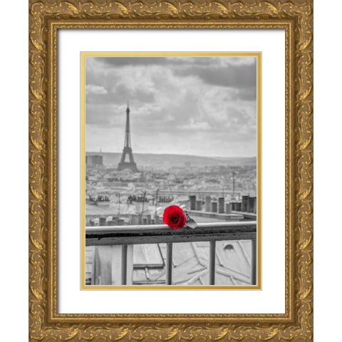 Rose on balcony railing with Eiffel Tower in background, Paris, France Gold Ornate Wood Framed Art Print with Double Matting by Frank, Assaf