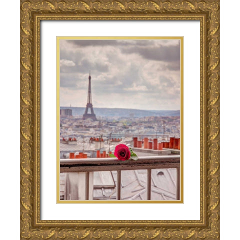 Rose on balcony railing with Eiffel Tower in background, Paris, France Gold Ornate Wood Framed Art Print with Double Matting by Frank, Assaf