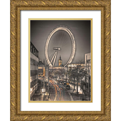 Night shot of London street with Millennium wheel in background Gold Ornate Wood Framed Art Print with Double Matting by Frank, Assaf