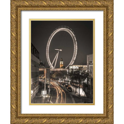Night shot of London street with Millennium wheel in background Gold Ornate Wood Framed Art Print with Double Matting by Frank, Assaf