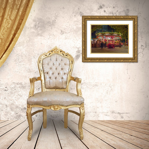 Spinning carousel at night in garden, London, UK Gold Ornate Wood Framed Art Print with Double Matting by Frank, Assaf