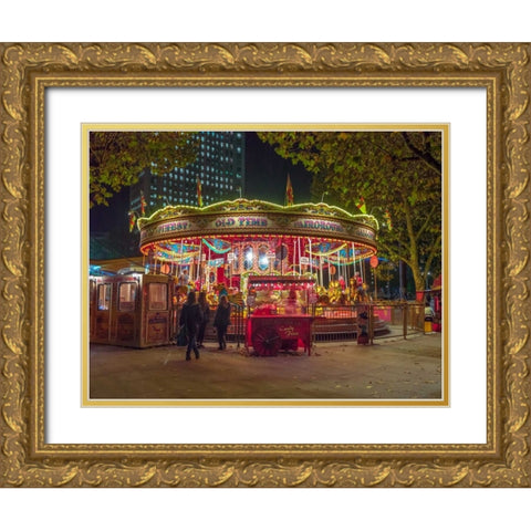 Spinning carousel at night in garden, London, UK Gold Ornate Wood Framed Art Print with Double Matting by Frank, Assaf