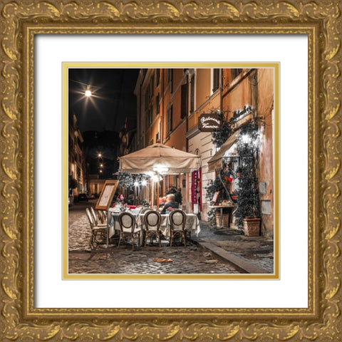 Sidewalk cafe on narrow streets of Rome, Italy, FTBR-1804 Gold Ornate Wood Framed Art Print with Double Matting by Frank, Assaf