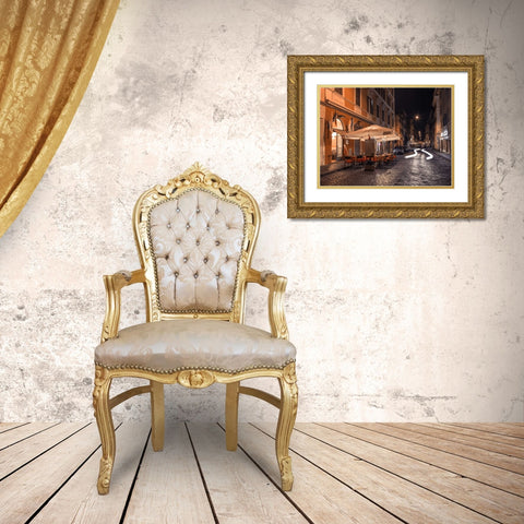 Sidewalk cafe on narrow streets of Rome, Italy, FTBR-1825 Gold Ornate Wood Framed Art Print with Double Matting by Frank, Assaf