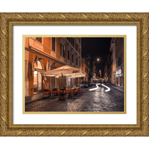 Sidewalk cafe on narrow streets of Rome, Italy, FTBR-1825 Gold Ornate Wood Framed Art Print with Double Matting by Frank, Assaf